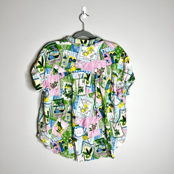 Jane + Delancey Italy Postcard Print Lemon Novelty Button-Up Flowy Boxy Top Sz L - Picture 5 of 5